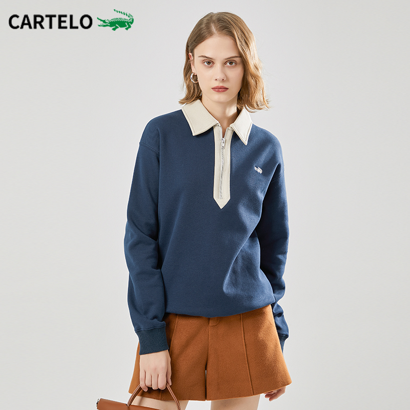 carteloladies旗舰店卡帝乐鳄鱼藏青色加绒卫衣女秋冬2022新款宽松