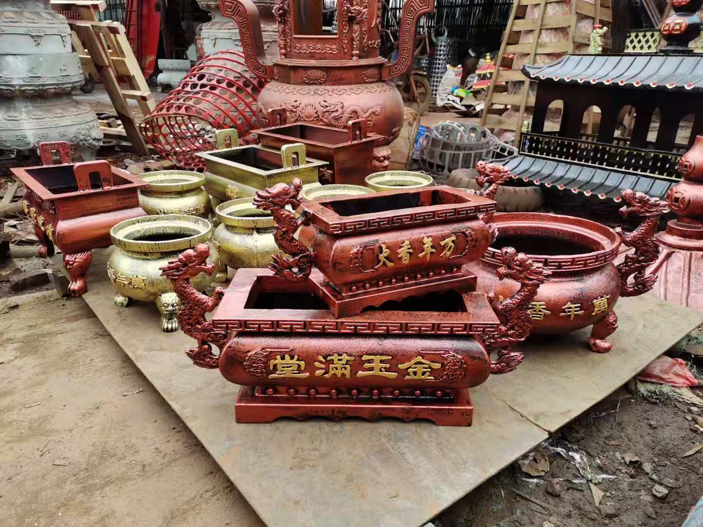 寺庙大型香炉铸铁双龙长方形平口室内案桌供奉祠堂供佛景园方炉鼎