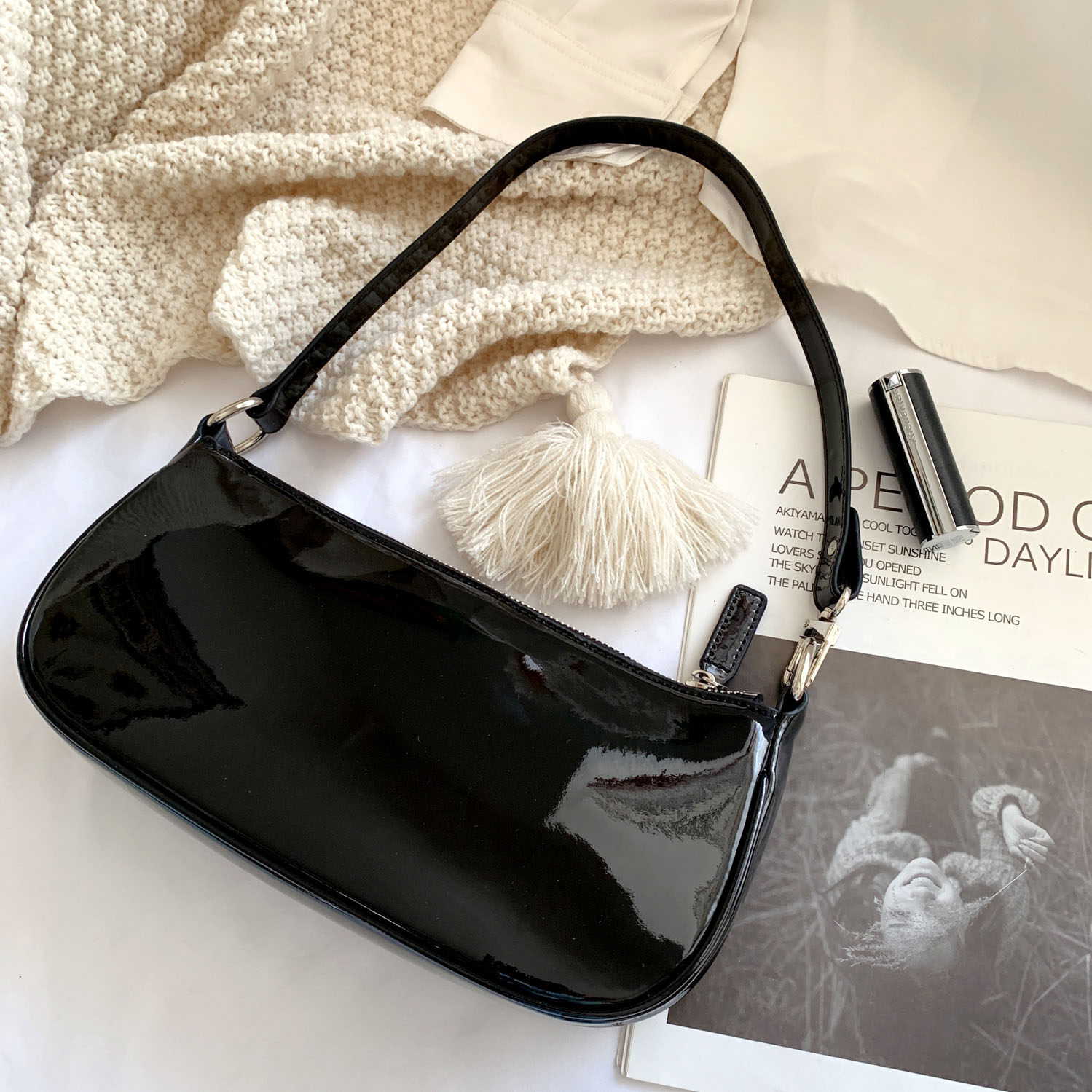 腋下包女高级感黑色包包漆皮rachel单肩vintage手提女手拎法棍包