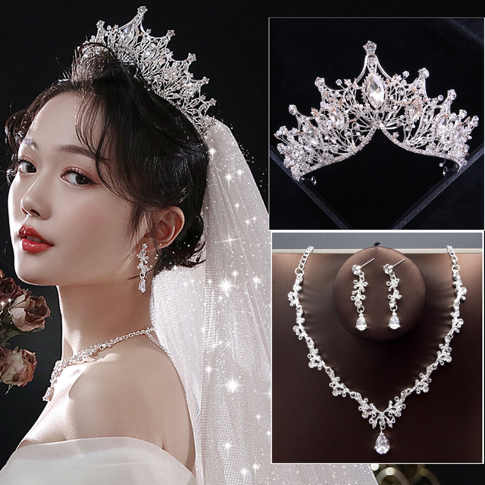 皇冠头纱一体新娘结婚主婚纱配饰闪闪亮头饰超仙森系影楼拍照道具