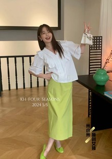 夏季新款复古甜美公主风上衣2024超火镂空衬衫纯色V短袖韩国正品
