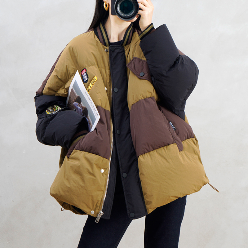 ty1980棒球服羽绒外套女冬新款韩版加厚白鸭绒拼接撞色夹克羽绒服