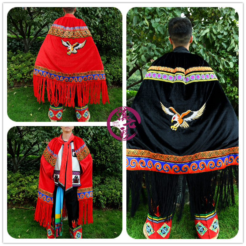 新款金丝绒大老鹰披风彝族男款斗篷火把节民族舞蹈长披肩秋冬保暖