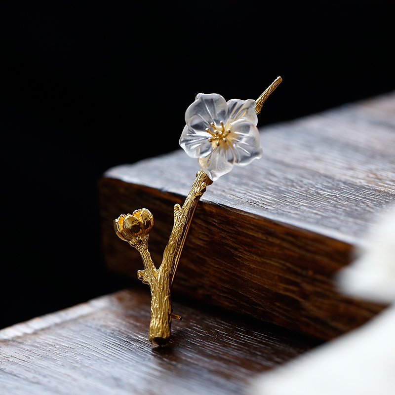 梨花雨凉软语原创品牌古典文艺气质白水晶花朵925纯银树枝胸针