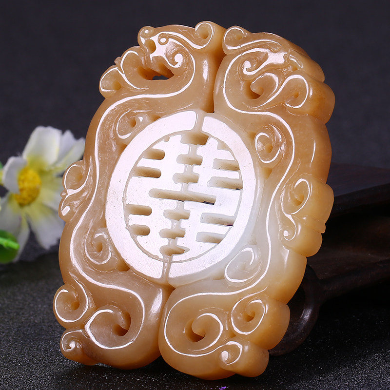 【稀少俏色】山流水料双喜和田玉糖白玉龙凤呈祥对牌84.47克