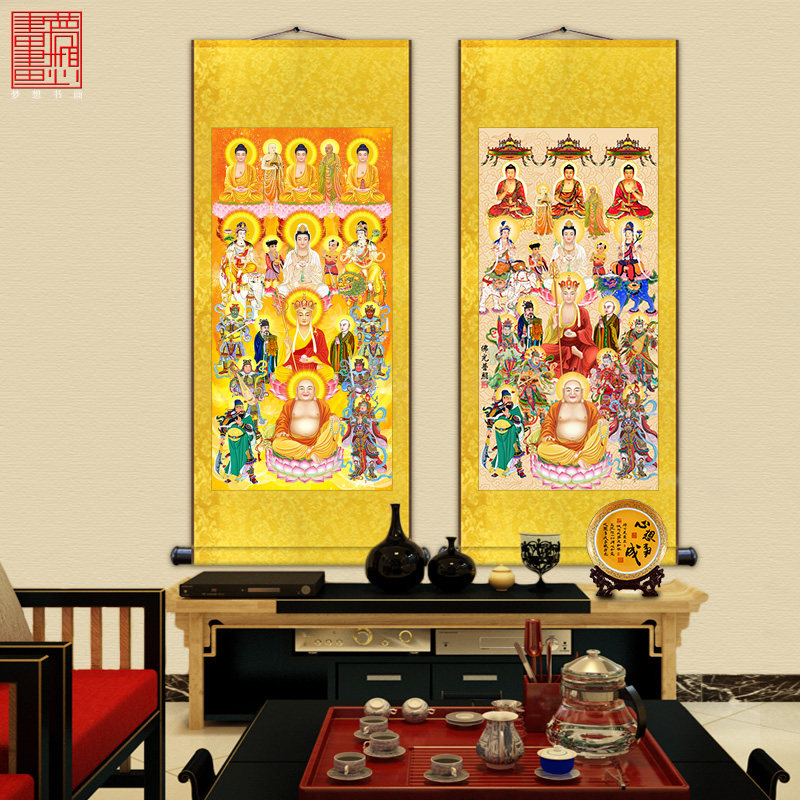 众佛图佛教挂画满堂图全堂佛卷轴万佛图佛祖同堂佛像画丝绸卷轴画