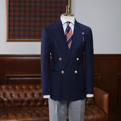 isirhonour海军精纺羊毛布雷双排四扣西装navyblazer西服
