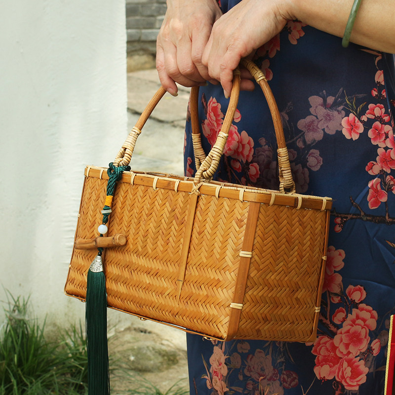 竹包手提包收纳包茶具包复古气质包抽袋女包竹制大容度假便携