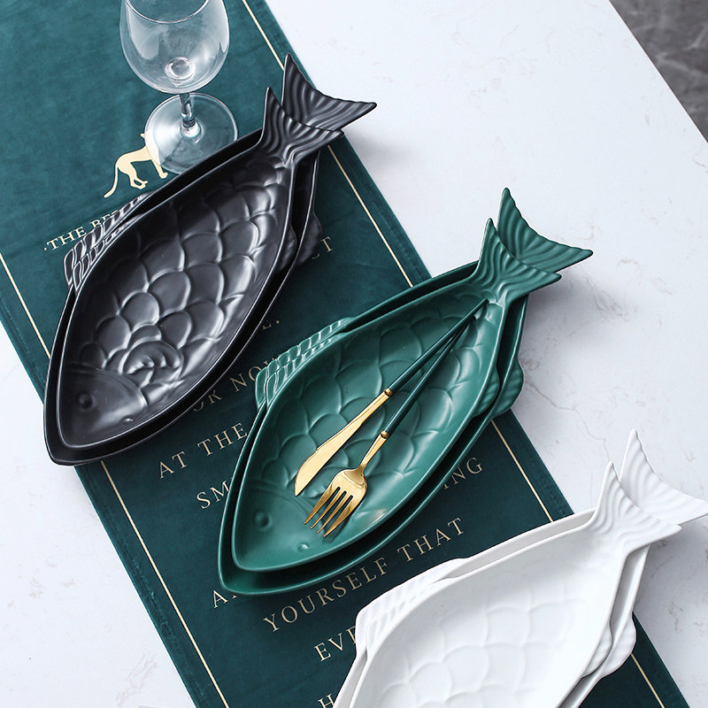 北欧蒸鱼盘餐具装鱼盘子鱼碟鱼盘子家用新款鱼盘陶瓷小大号鱼形盘