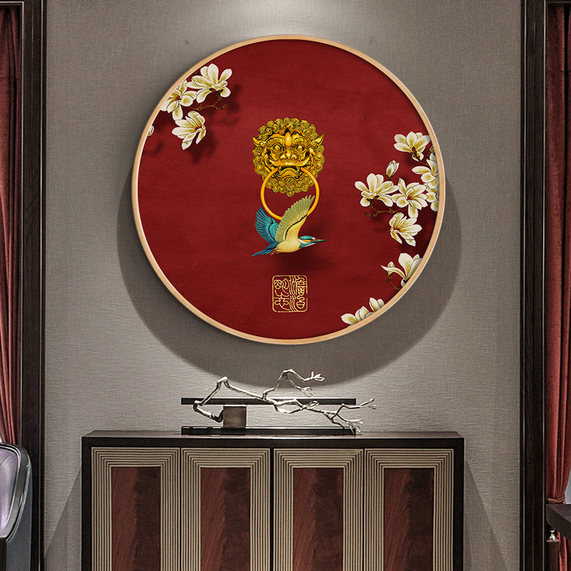 新中式装饰画实木圆形玄关画卧室中国风古典红色喜气背景客厅挂画