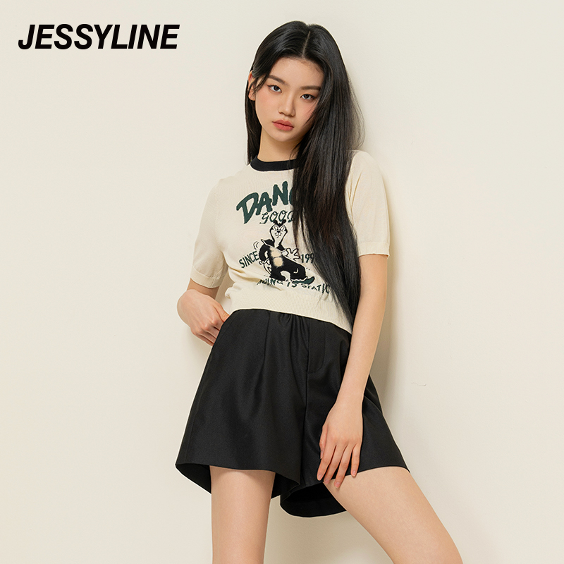 杰茜莱字母卡通短袖薄款针织衫T恤女2024春夏新款上衣 jessyline