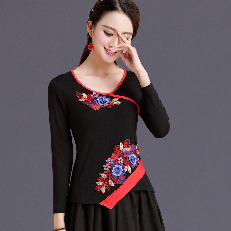 广场舞服装女上衣民族风春装刺绣修身打底衫演出舞蹈长袖大码t恤