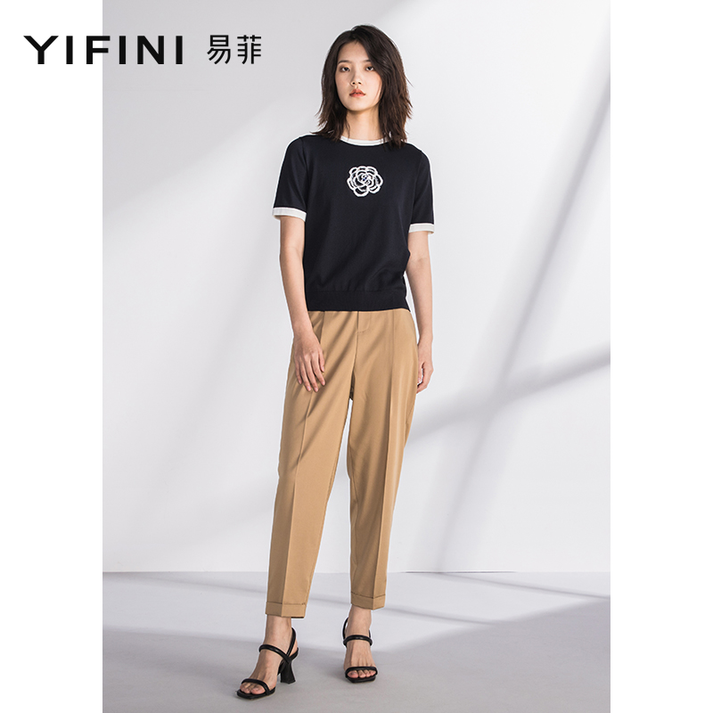 Yifini/易菲短款合体修身毛衫女夏装新款套头针织衫短袖圆领上衣