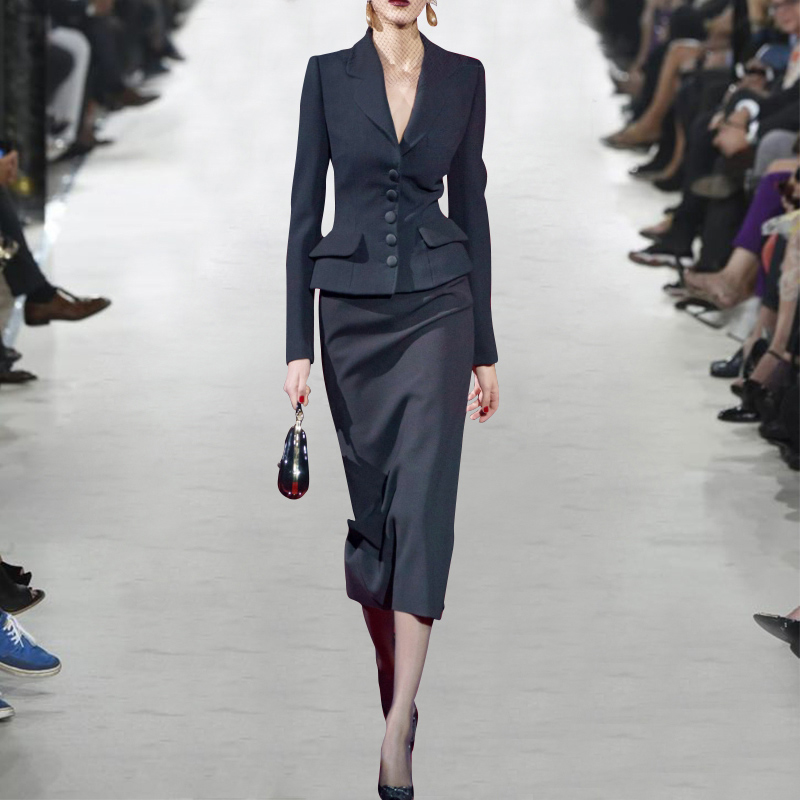 香妮卡欧美女装2022春季新款职业装黑色单排扣西装外套包臀半裙子