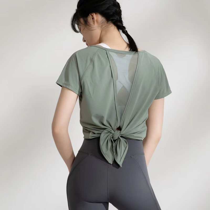 shining&fitness 女宽松圆领运动短袖 燕尾开叉绑结速干运动t恤