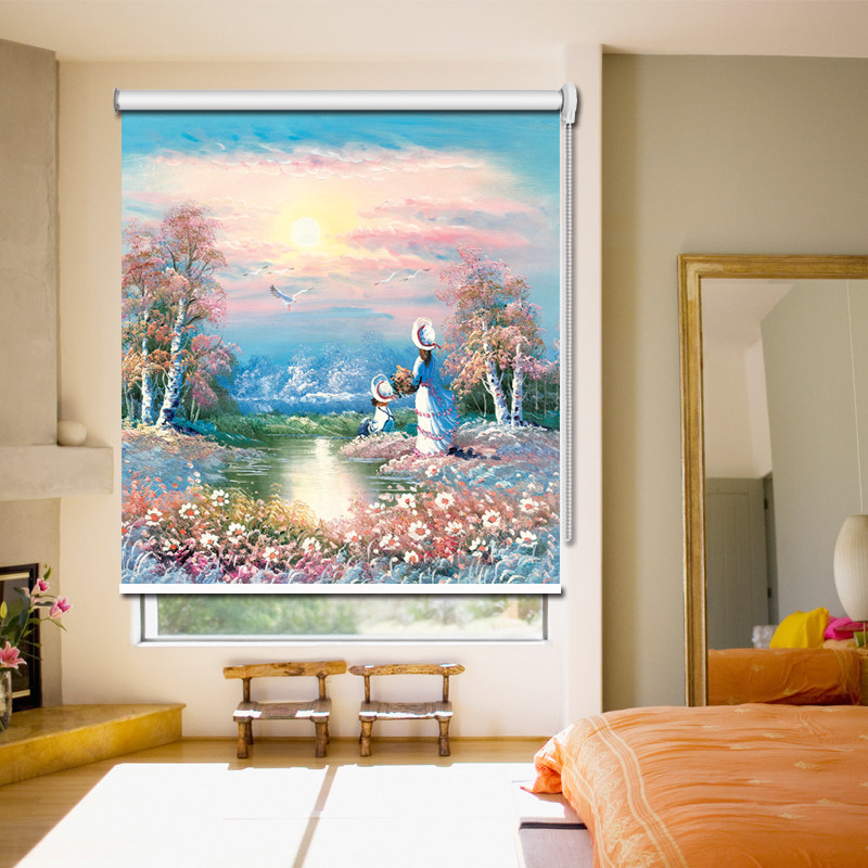 卷帘窗帘定制油画风景客厅厨房卧室阳台办公室遮挡遮光遮阳升降帘