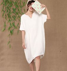 2016春夏原创新款预售高品质复古亚麻不对称连衣裙中长款白色