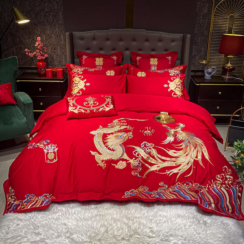 新婚庆四件套大红全棉刺绣中式结婚床品四件套喜婚被套床上用品