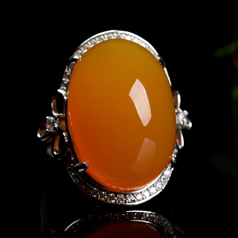 2mm天然俏色橙黄黄龙玉s925银镶嵌蛋面戒指7.58g