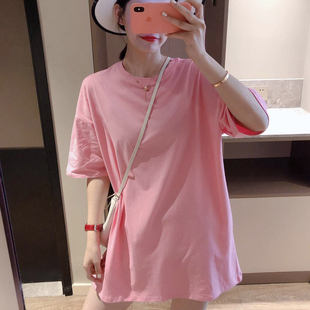 韩国粉色t恤女中长款短袖2024年夏季薄款下半身失踪纯棉宽松上衣