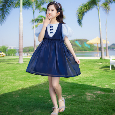 女童蓝色连衣裙夏装2022新款儿童夏季学院风裙子中大童洋气公主裙
