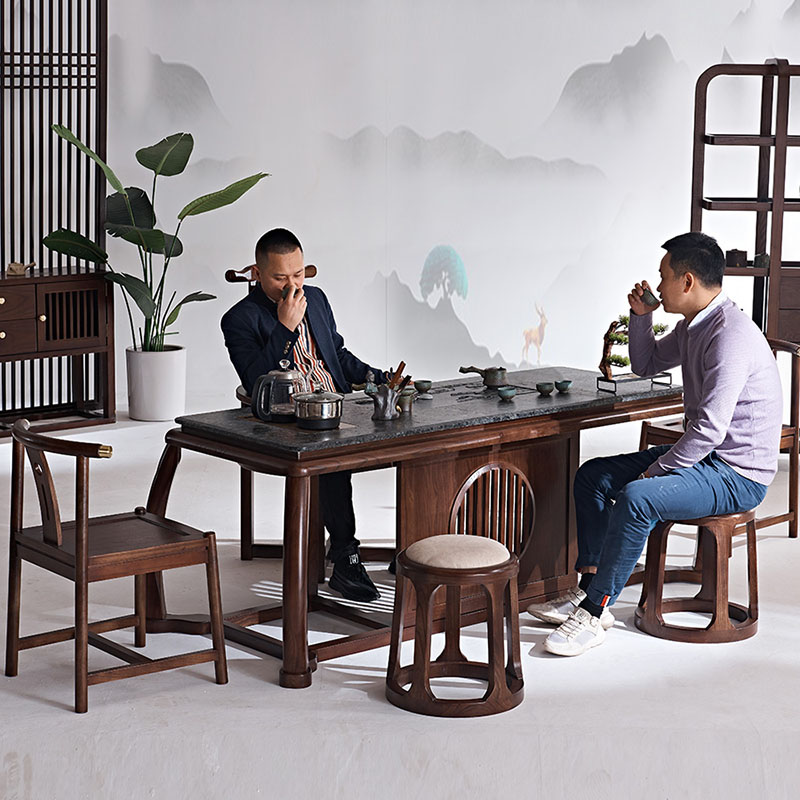 新中式实木功夫茶桌椅组合金秋檀木禅意茶艺桌1.8米阳台小泡茶台