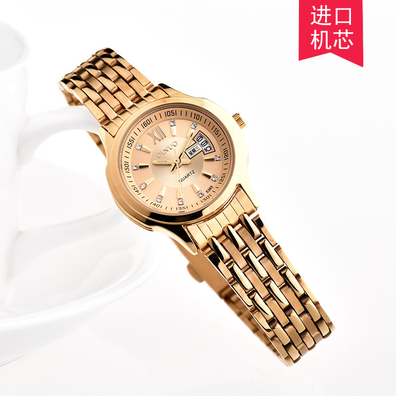 正品dinuo谛诺手表 女士双历夜光防水石英表 土豪金时尚休闲女表