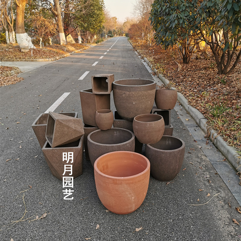 包邮花钵田园特大号素面粗砂户外陶土盆落地粗陶花盆陶罐组合花盘