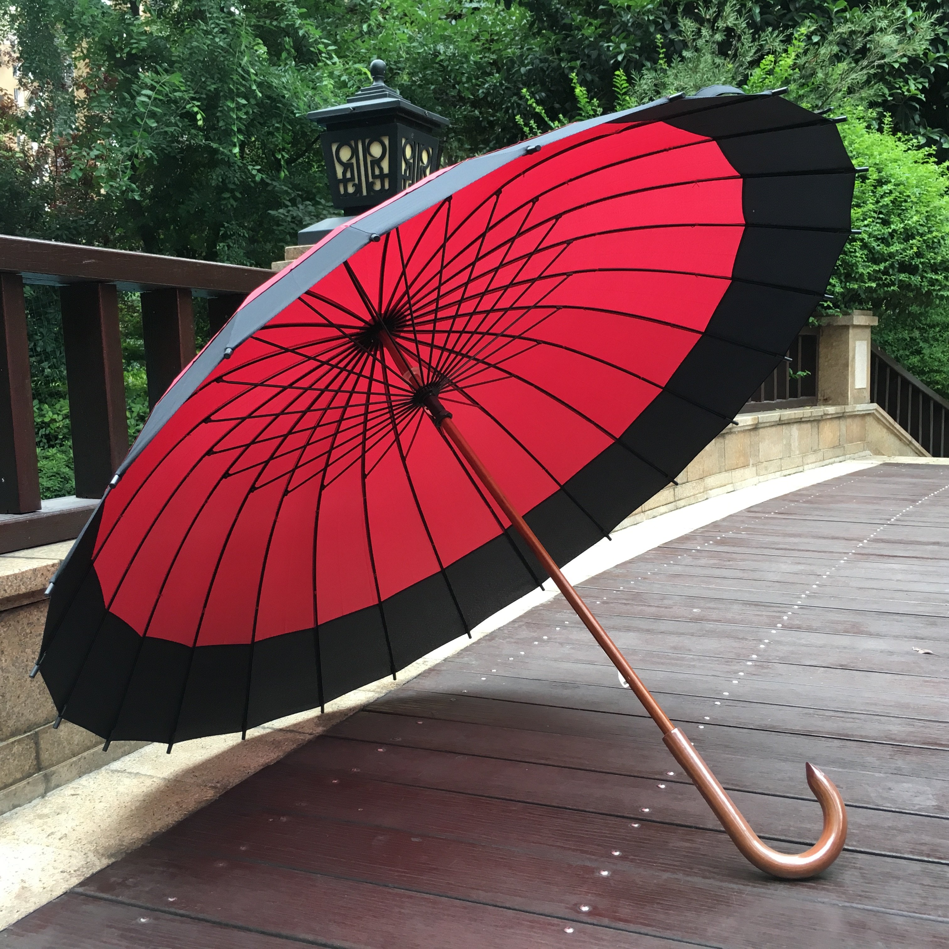 一折24骨超大晴雨伞_日本出口高档和风24骨木制中棒超大伞面防风直柄