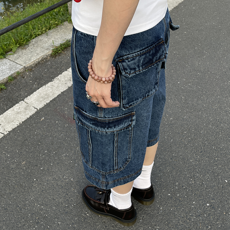 MMBBTT复古蓝牛仔中裤女6分裤夏季新款多口袋洗水做旧街头滑板裤