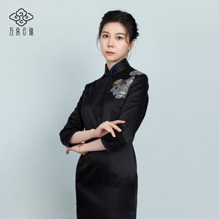 黑色芙蓉点翠手工云锦旗袍新款 刺绣开衩优雅连衣裙气质修身 长裙