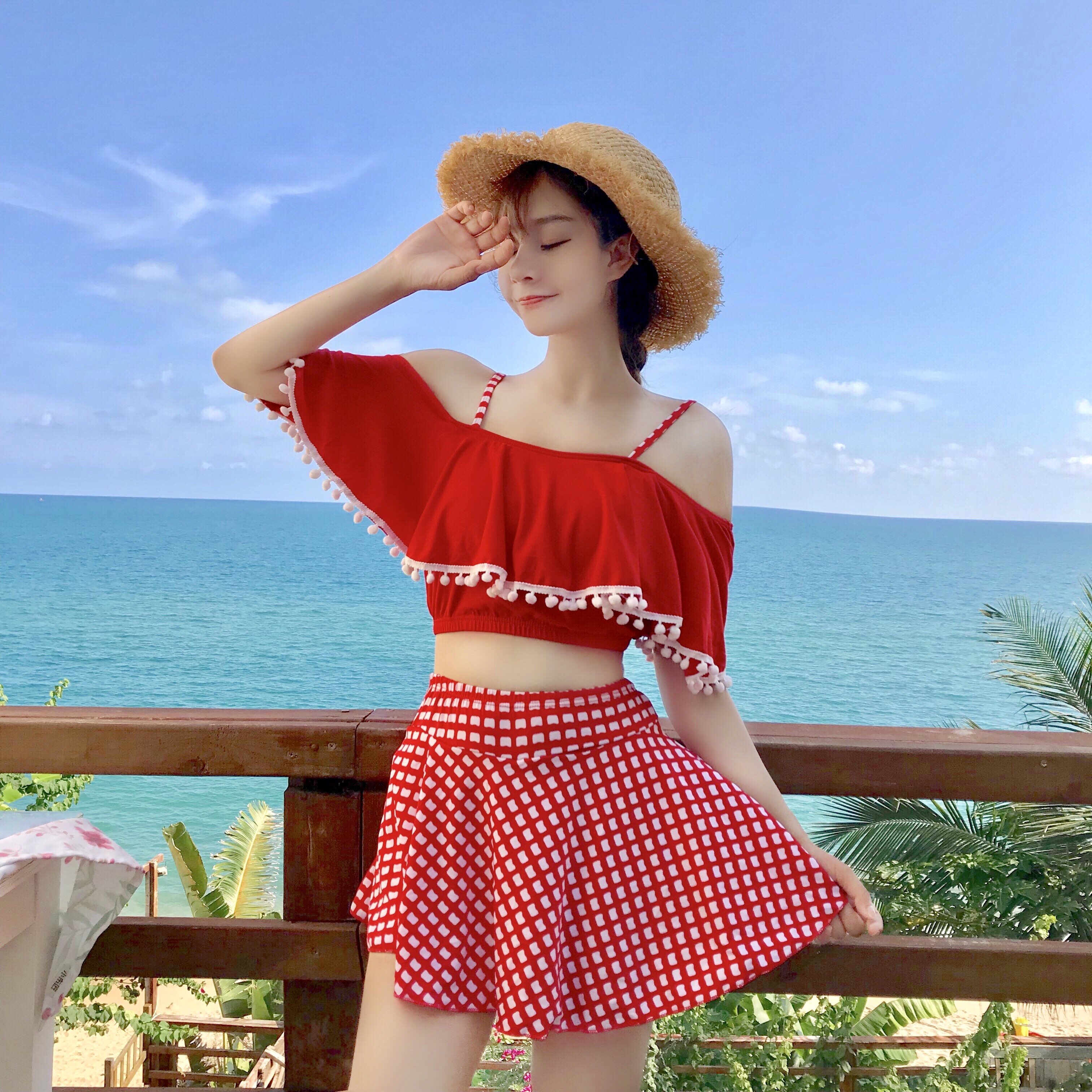 实拍 已送检 保守分体裙式平角三件套流苏荷叶边遮肚显瘦泳装