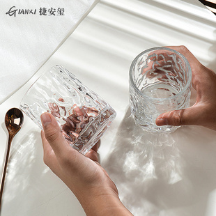 日式玻璃杯水杯家用套装加厚冰川茶杯待客带杯架石纹酒杯喝水杯子