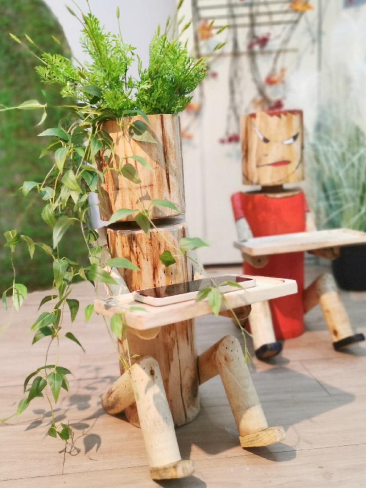 原生态实木小木人涂鸦DIY花盆可爱艺术装饰品幼儿园农场摆件道具