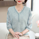 妈妈春秋纱袖T恤女加肥加大码洋气桑蚕丝针织上衣中老年V领上衣