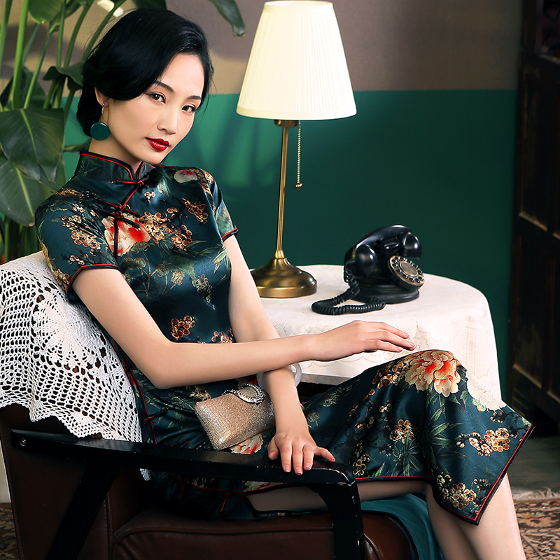 皇后军阀太太网红旗袍复古长款高档真丝民国老上海短袖旗袍连衣裙