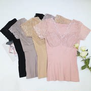Autumn new sexy V-neck lace stitching short-sleeved top women's slim body bottoming shirt corset waist belly