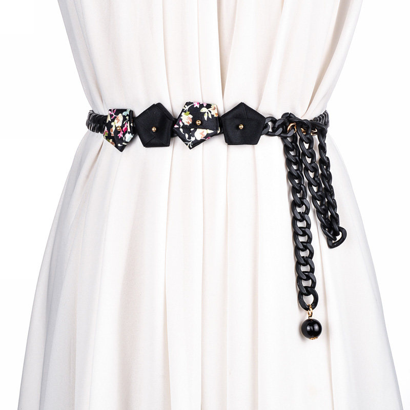 韩版小碎花装饰金属链条腰链朋克风黑色女士腰带优雅配裙子腰带