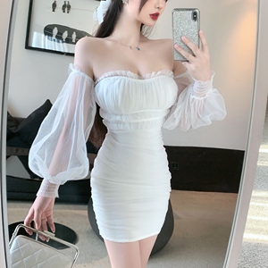 Bubble sleeve one neck off shoulder chest wrapped slim dress
