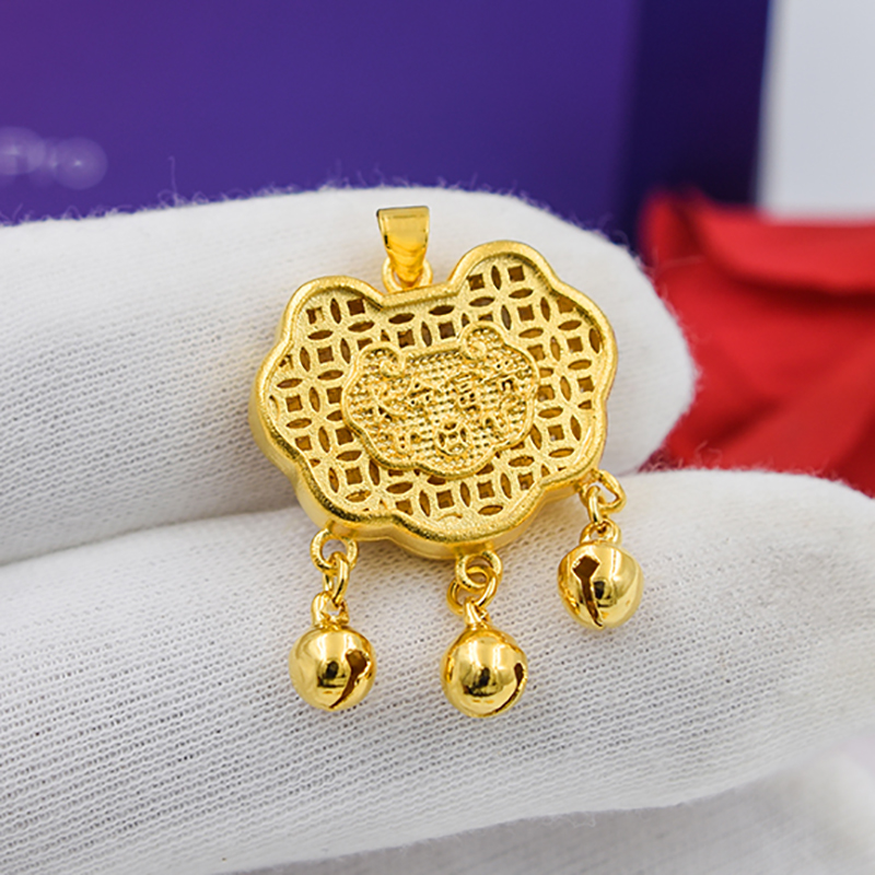 磨砂镂空儿童长命锁长命富贵永保平安福字钱币仿黄金沙金宝宝项坠