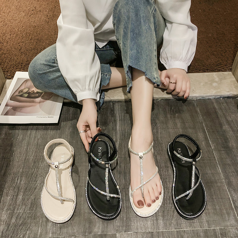 小香夹脚凉鞋女2020年新款女鞋夏季新品仙女风鞋子平底水钻罗马鞋