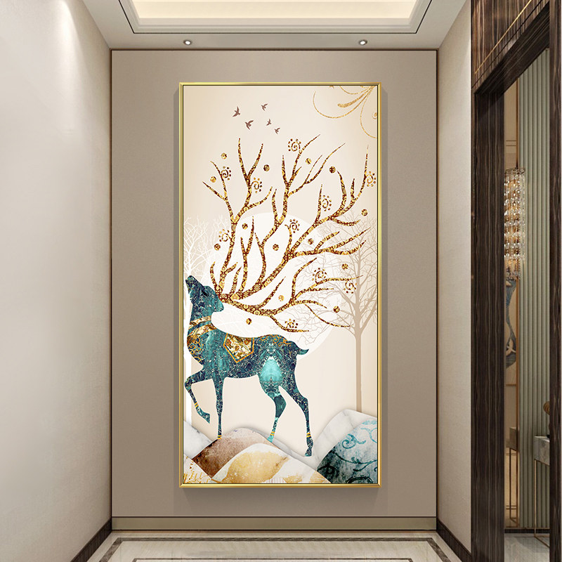 入户玄关装饰画现代简约走廊过道挂画进门竖版轻奢大气大幅鹿壁画