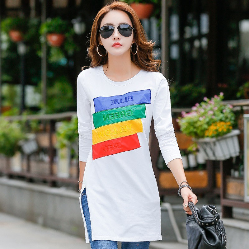 春秋纯棉长款开叉t恤女长袖韩版修身显瘦百搭中长款打底衫上衣t血