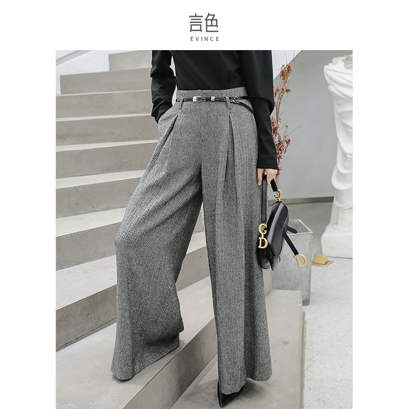 灰色毛呢阔腿裤女秋冬高腰垂感休闲宽松显瘦拖地裤子ins潮直筒裤