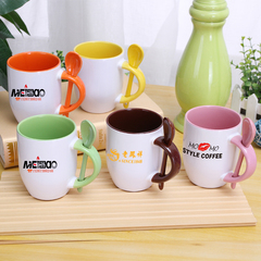 带勺子马克杯定制LOGO 陶瓷广告杯订做照片 内彩咖啡杯DIY相片杯