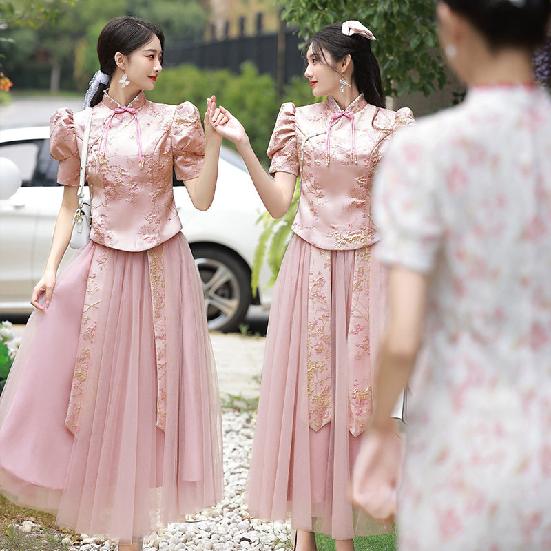 中式伴娘服中国风2022秋季新款小个子姐妹团礼服女大码粉色显瘦仙