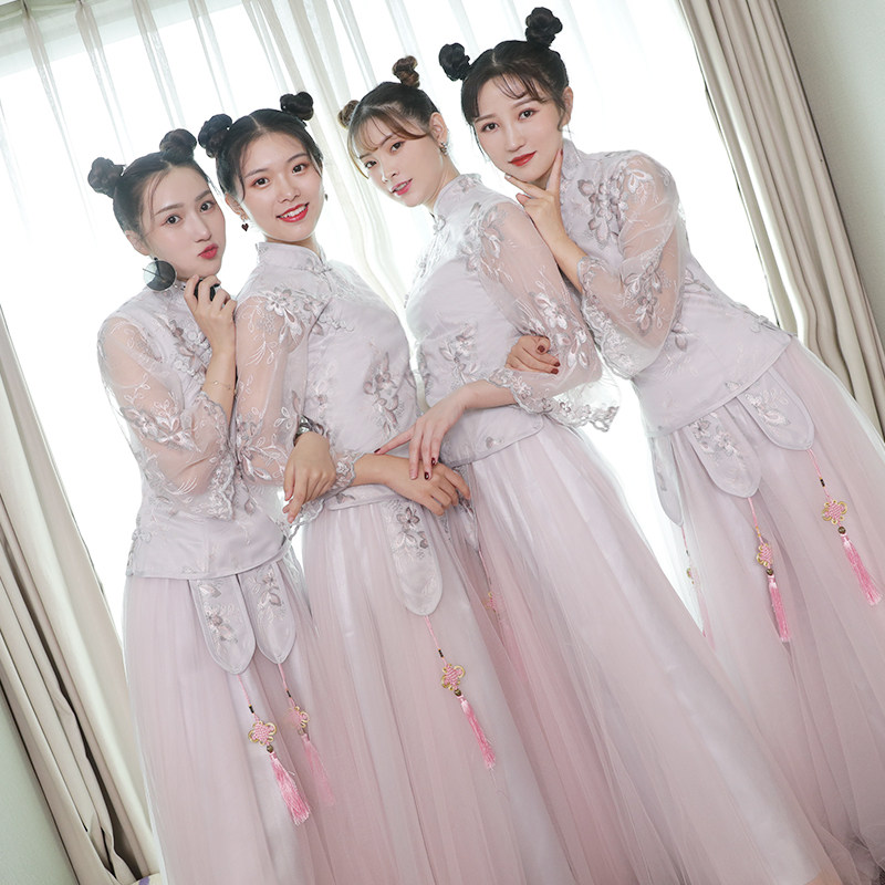 中式伴娘服中国风秀禾古装伴娘裙2021秋季新款长袖显瘦姐妹团小众