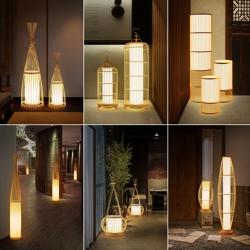 地灯新中式竹艺落地台灯民宿客栈茶室榻榻米日式竹编创意装饰立式地灯