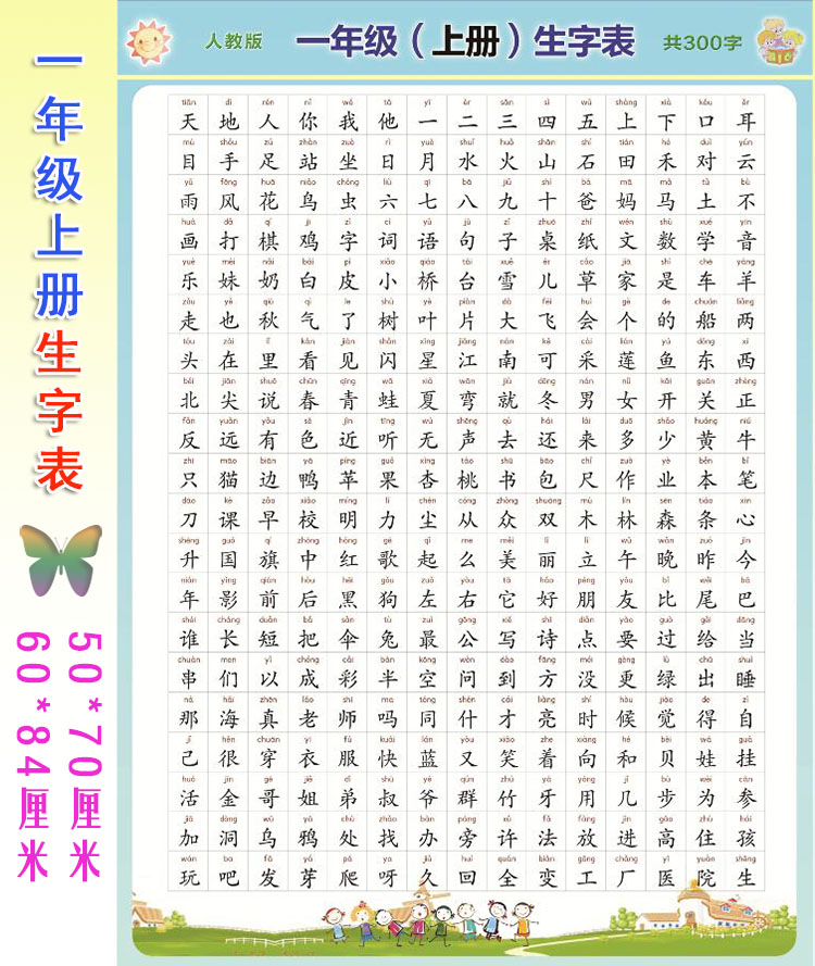 人教版小学生一年级上册生字识字表小学语文常用汉字挂图无声墙贴