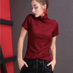 欧洲站新款洋气女士休闲针织酒红色高端短袖女t恤中或上衣打底衫